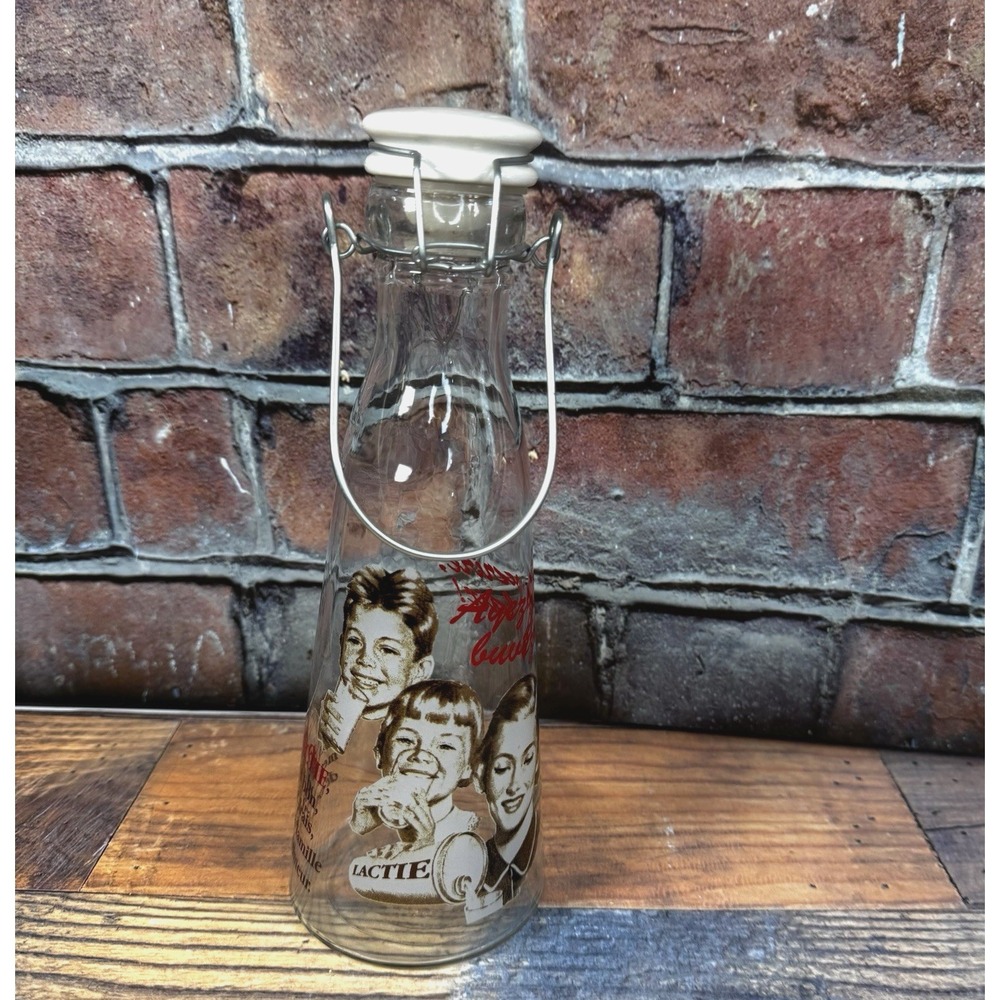 Vintage Lactie French Milk Bottle Clear Glass w Porcelain Cap Wire Latch/ Handle